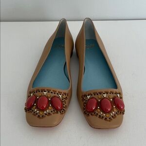 Frances Valentine Jude Light Camel in Nappa Leather Flat with Red Embellishments
